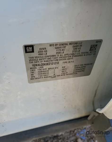 2014 Chevrolet Equinox Lt z USA, uszkodzony, nr VIN 1GNALCEK9EZ121210